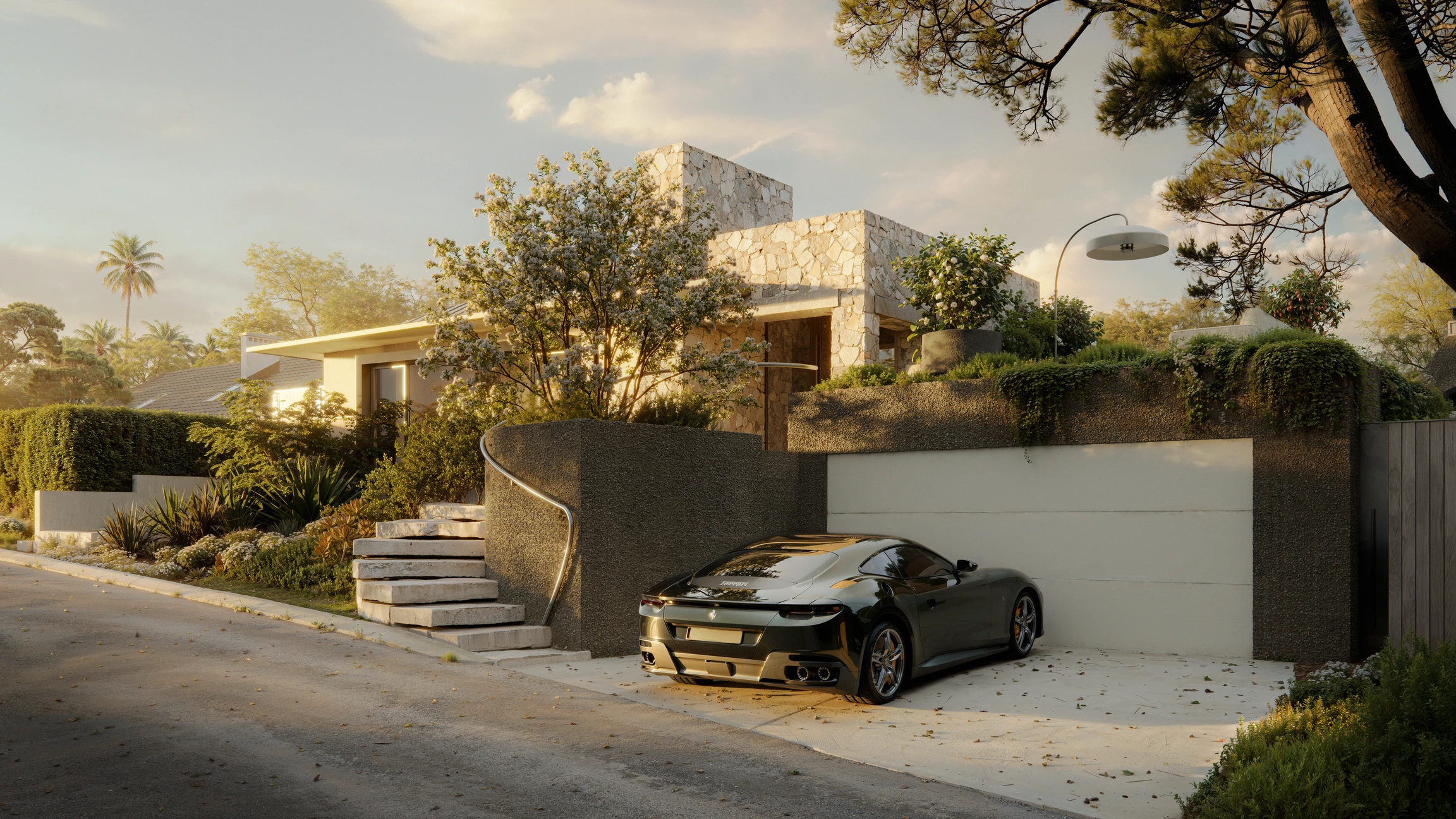 Rendering of the house approach with stone walls, a garage and a sports car on the driveway – Bluffside